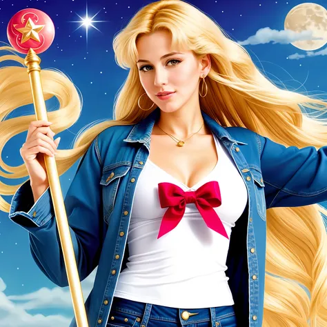 "(Mature and realistic depiction:1.2) Sailor Moon confidently wielding the Moon wand, her flowing blonde hair, dressed in trendy denim 2000s fashion."