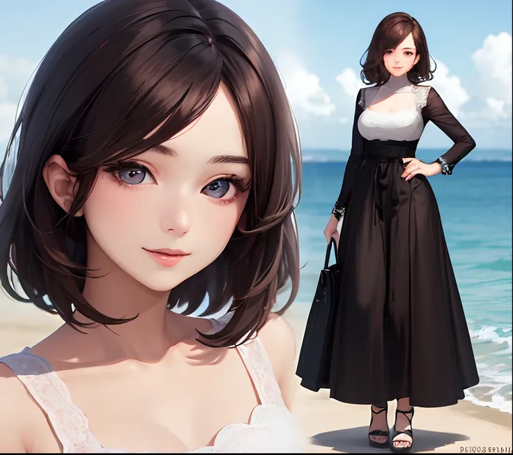 ((Best Quality, 8K, masutepiece: 1.3)), 1 girl, Smile, Full body, Slim Face, Pretty Woman, (Short dark brown hair), full length dress :1.1, Super Detailed Face, Detailed eyes, Double eyelids, Blurred background, Slim Face, Sea, Beach,