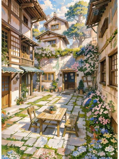 painting of a courtyard with a table and chairs and a bench, anime background art, relaxing concept art, anime scenery concept art, immensely detailed scene, a beautiful artwork illustration, detailed scenery —width 672, studio ghibli environment, environm...