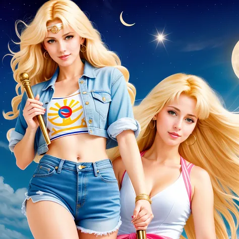 "(Mature and realistic depiction:1.2) Sailor Moon confidently wielding the Moon wand, her flowing blonde hair, dressed in trendy denim 2000s fashion."