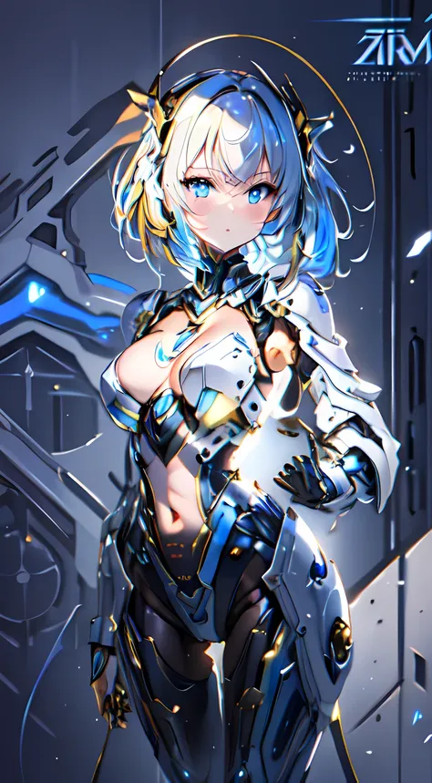 High Quality, Ultra High Resolution, Ultra Realistic, Super Detailed, Robot, mecha, metal bodysuit, Slim, beautiful, blue eyes, 1girl, yellow hair, short hair, Full Face, Full Body, faint blush, Metallic, Metallic, Luxury, Metallic, One, BREAK, concert sta...