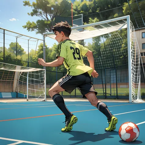 A boy is playing soccer，soccer court