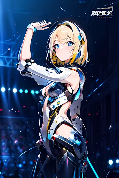 High Quality, Ultra High Resolution, Ultra Realistic, Super Detailed, Robot, mecha, metal bodysuit, Slim, beautiful, blue eyes, 1girl, yellow hair, short hair, Full Face, Full Body, faint blush, Metallic, Metallic, Luxury, Metallic, One, BREAK, concert sta...