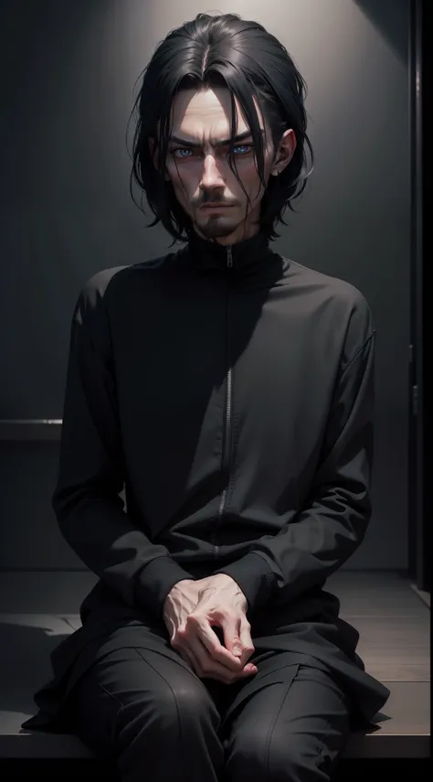 ultra realistic 8k image of a thin man, dressed in all black clothes, sitting in a completely dark room, sleepy expression