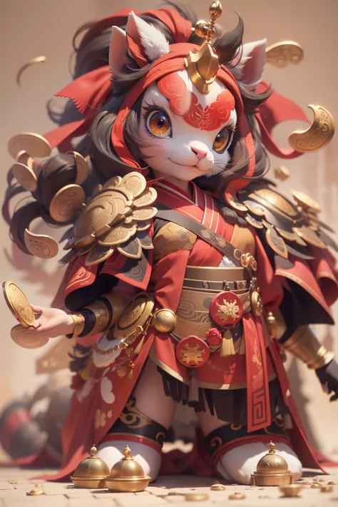 anthropomorphic turtle，Little cute cute pony，Wearing elegant red Hanfu，Take gold ingots，The ground is covered with gold coins，silkouette，fluffy mane，largeeyes，Red Wall，Chinese culture，zbrush，Dramatic lighting，full-body portraits，hentail realism，finedetail，...