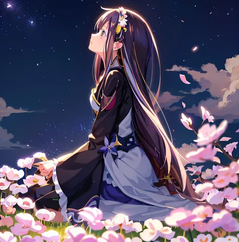 Anime girl sitting in a flower field，The background is a more starry sky, ethereal anime, Beautiful anime, nightcore, Anime girl with long hair, anime wallaper, anime beautiful peace scene, hd anime wallaper, sakura petals around her, Beautiful anime girl,...