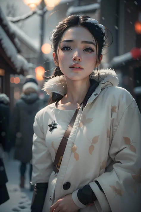 realistic photos of (1 cute Korean star) Shoulder-length hair, thin makeup, medium breasts size, wearing coat, in the snow, clear facial features, 8K high resolution, sharp and realistic details.from outside, Eye-Level Shot, f/4.0, 135mm, Fujifilm, jpeg ar...