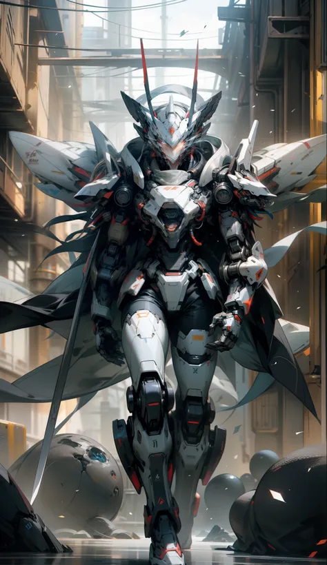 male people，Strong males，Huge shoulder armor，Tall mech，Silver-white body，The white，Use the plasma sword，There is a dragon particle effect，Yin and Yang gossip，Formation，mechanical sense，sense of strength，Sense of space，combats，cyber punk perssonage，Human bo...