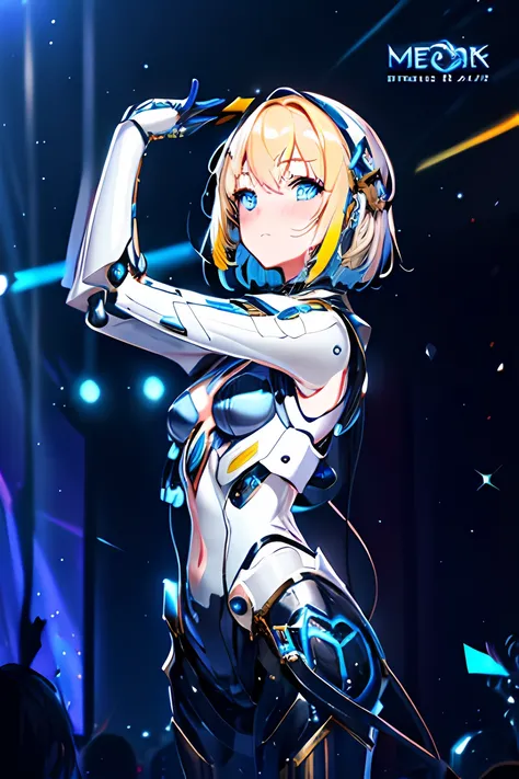 High Quality, Ultra High Resolution, Ultra Realistic, Super Detailed, Robot, mecha, metal bodysuit, Slim, beautiful, blue eyes, 1girl, yellow hair, short hair, Full Face, Full Body, faint blush, Metallic, Metallic, Luxury, Metallic, One, BREAK, concert sta...