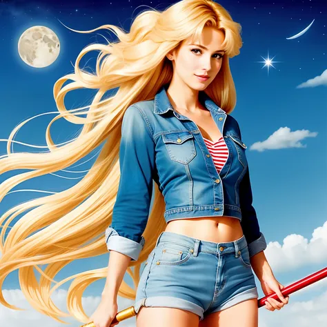 "(Mature and realistic depiction:1.2) Sailor Moon confidently wielding the Moon wand, her flowing blonde hair, dressed in trendy denim 2000s fashion."