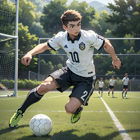 a boy playing football，soccer court，youthfulness