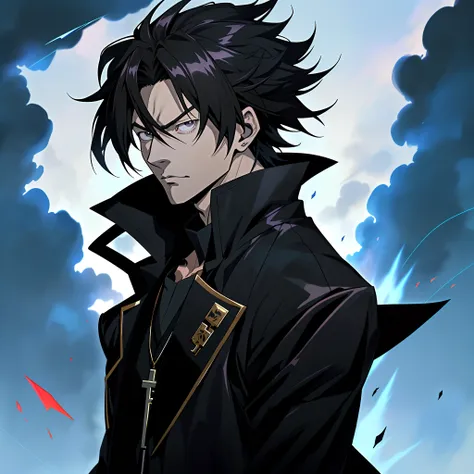 Anime man in a black coat, Black eyes，Black clouds，，inspirado em Okumura Masanobu, Kazuto Okada。Badass anime 8 K, Anime handsome man, Anime portrait of a handsome man, anime concept hdr anime macmanus, Key anime art, male anime character, inspired by Yamag...