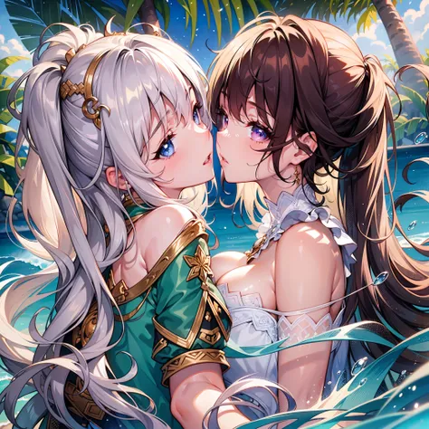 2 girls in, Sheer clothing, stare at each other, the kiss, secret, beautiful ocean, splash water, Eyes Like Gems,a baby face, huge filesize, ultra-detailliert, hight resolution, ighly detailed, top-quality, ​masterpiece, Hi-Res, high-level image quality, h...