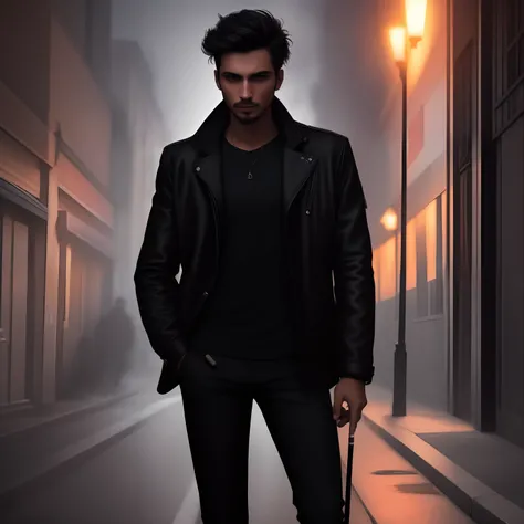 Mysterious guy in jacket , dark roadway background, Full attitude mood, noughty face ,cigarette in hand cigarette in hand