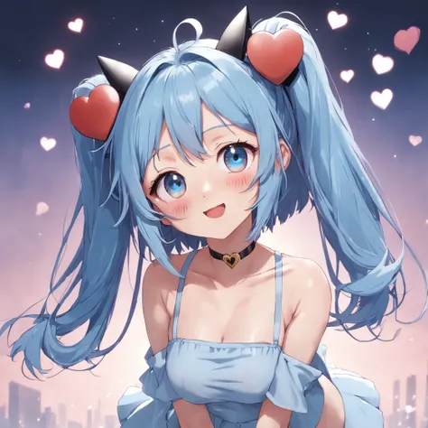 black hair, hair bobbles, wince, longeyelashes, solid circle eyes, fake animal ears, light smile, ear blush, fang, Skirt that wraps hips, flat chest, Expose your little belly, blue hair, light blue hair, drill hair, twintails, halo, jewelry, hairclip, hair...