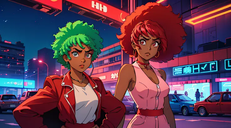 "((personagem de anime afrodescendente:1.2), (with a red classic car behind with neon lights) ((urban backdrop:0.8), (luzes neon...