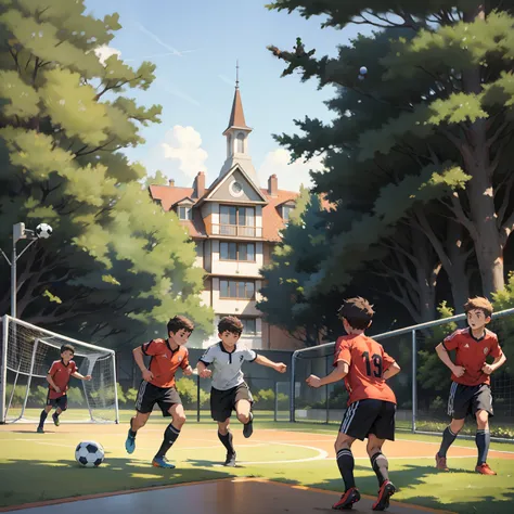 A group of boys playing soccer，soccer court