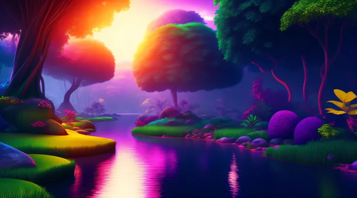 high detailed 3d render of a fantasy jungle, dark background, colorful trees, river on center, gradient colors