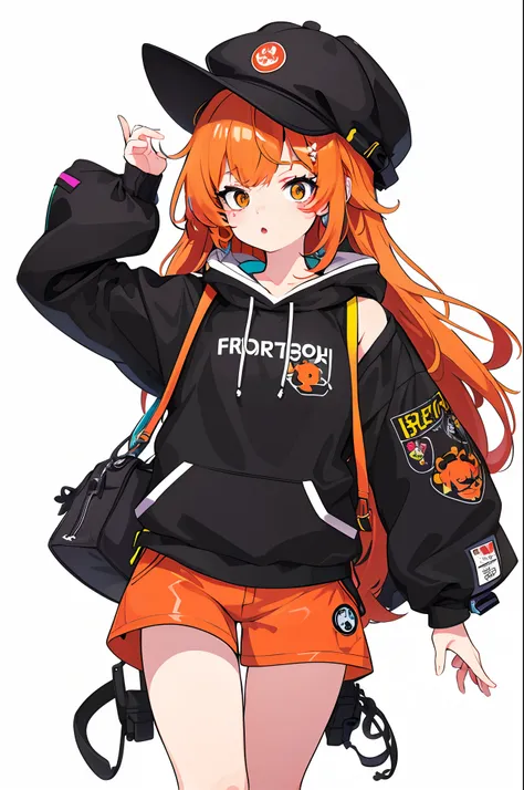 ​masterpiece, top-quality, Official Art, 8k wallpaper, ighly detailed, illustratio, 1 girl in, Orange hair, shortpants、hooded sweatshirt, Bear motif on hat