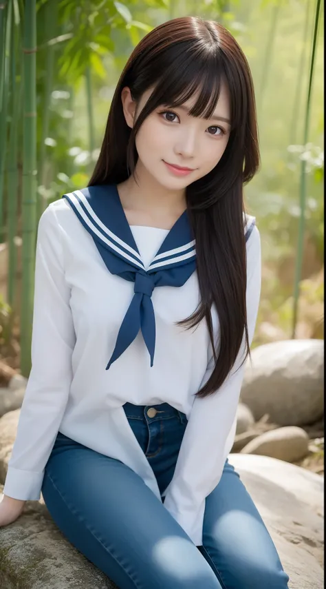 a pregirl，Thirty year old, ssmile, looking at viewert, sailor uniformm,skintight jeans, photore, realisticlying, Best quality at best, employee, 详细的脸, Sitting on a large rock in the middle of a bamboo forest, diffuselighting, depth of fields, Background bo...