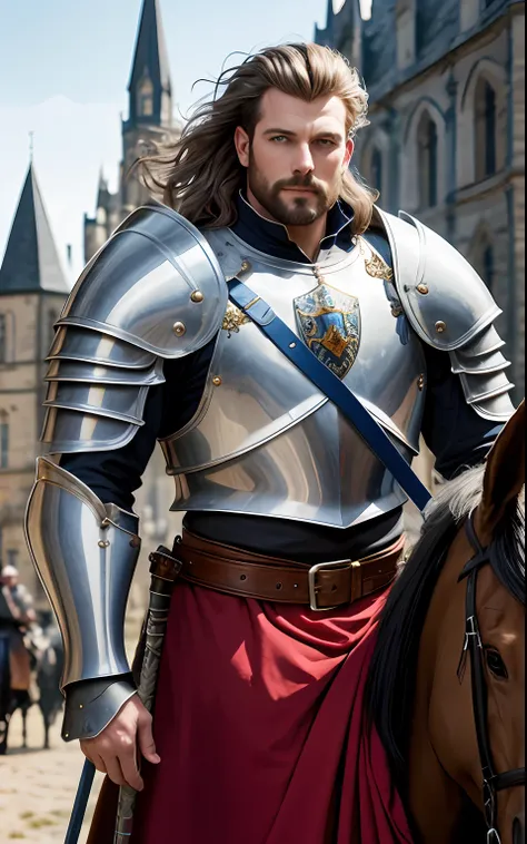 tmasterpiece，best qualtiy，The is very detailed，Original design，Unique accessories，medieval fantasy，professionally retouched，closeup cleavage，（male people：1.9），（Portrait of a noble male knight），Dignified，At noon，Sword and shield，Heavy armor，（sbeard：1.3），mou...