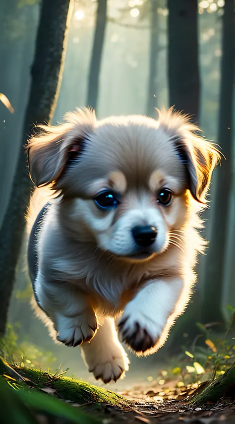 8k、Close-up photo of a very cute jumping puppy in the forest、Soft volume light、(back lighting:1.3)、(cinematic:1.2)、intricate detailes、(art  stations:1.3)、rutkowski