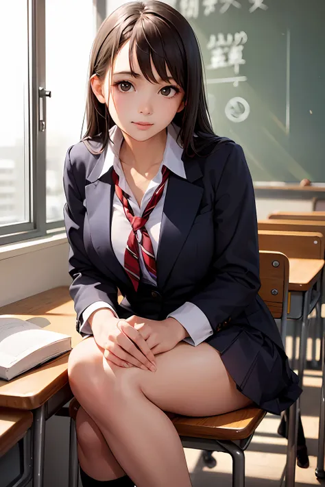 there is a woman sitting on a chair in a classroom, in class room, sitting in classroom, a hyperrealistic schoolgirl, Japan school uniform, japanese high school, japanese girl school uniform, a hyperrealistic schoolgirl, of a schoolgirl posing, wearing jap...