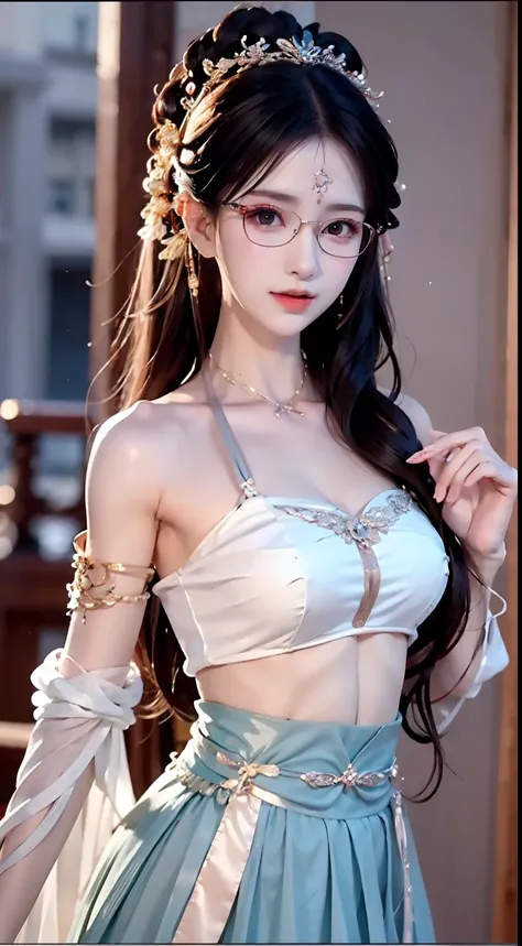 Best quality, tmasterpiece, A high resolution, 1 The girl wears a pair of glasses, Wore a pair of glasses，A pair of metal glasses，Blushlush,(Seductive smile:0.8), starpupil, White porcelain halter neck Hanfu, hair adornments, Ear ring，choker necklace, Orna...