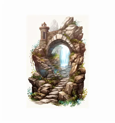 There is a painting of a stone arch with a waterfall in the background in watercolor, Dwarf portal, with straight lines and a dwarf statue on top,  magical portal, stone gate to the dark cave, Arcada, portal para outro mundo, um arco, Portal Florestal, mag...