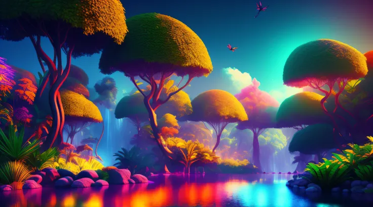 high detailed 3d render of a fantasy jungle, dark background, colorful trees, river on center, gradient colors