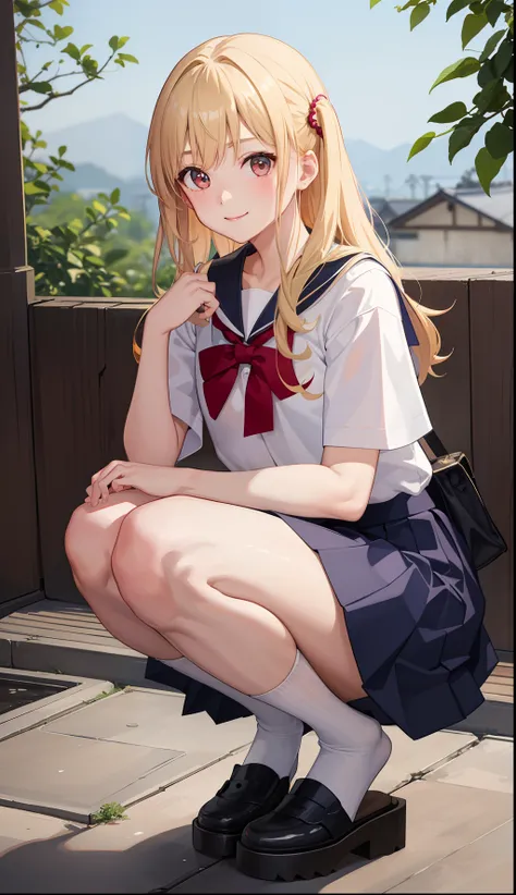 1girl in、A smile、The shirt、skirt by the、（small tits）Chilarism、Japan High School Student Uniform、serafuku、summer clothing、Run briskly、（Sheer Bra）、Upper body portrait、blonde  hair、Squatting panchira、