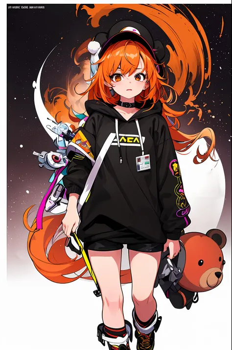 ​masterpiece, top-quality, Official art, 8k wallpaper, ighly detailed, illustratio, 1 girl in, Orange hair, shortpants、hooded sweatshirt, Bear motif on hat