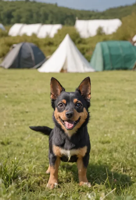 A campsite in the countryside，The foreground is a vast meadow，There are white tents and little yellow dogs running and playing in the grass，
black hair, hair bobbles, wince, longeyelashes, solid circle eyes, fake animal ears, light smile, ear blush, fang, ...