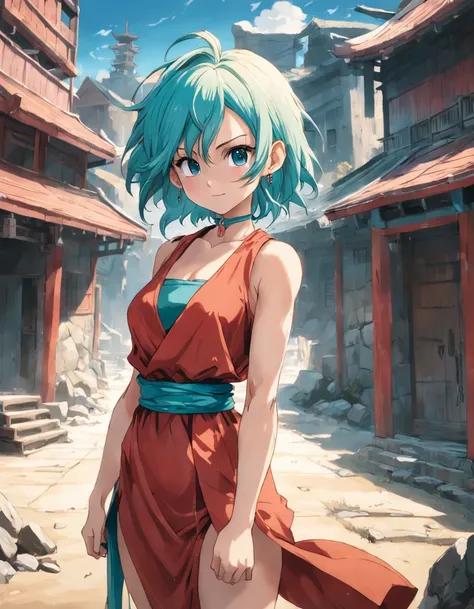 masterpiece, best quality, highres, dragon ball, blmshort, aqua hair, very short hair, earrings, jewelry, red dress, medium breasts, yellow scarf, short dress, sleeveless, outdoors, smile, cowboy shot, walking, ruins, building