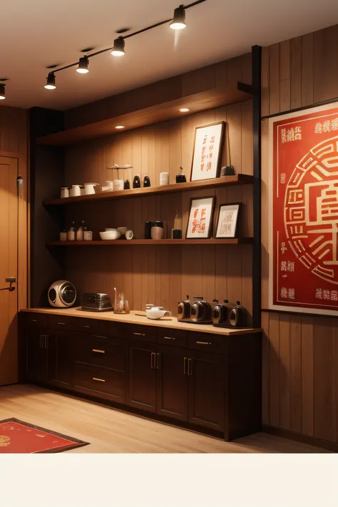 There is a poster with Chinese written on the wall
Live room background selling tea