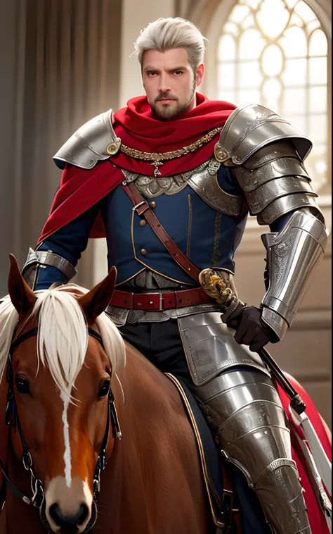 tmasterpiece，best qualtiy，The is very detailed，Original design，Unique accessories，medieval fantasy，professionally retouched，closeup cleavage，（male people：1.9），（Portrait of a noble male knight），Dignified，At noon，Sword and shield，Heavy armor，（sbeard：1.3），mou...