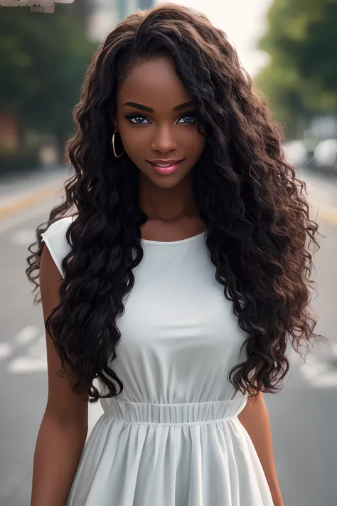 fully body photo、detailed and realistic 20 year old attractive and stunning black girl、american african elegant、standing on a st...