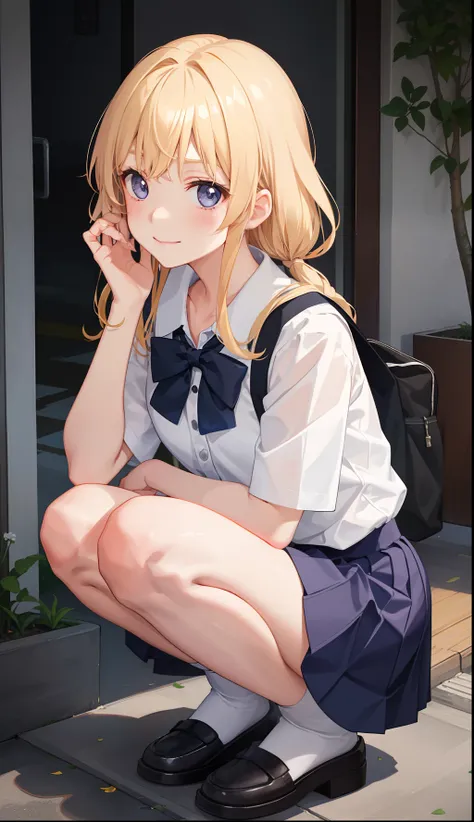 1girl in、A smile、The shirt、skirt by the、（small tits）Chilarism、Japan High School Student Uniform、serafuku、summer clothing、Run briskly、（Sheer Bra）、Upper body portrait、blonde  hair、Squatting panchira、