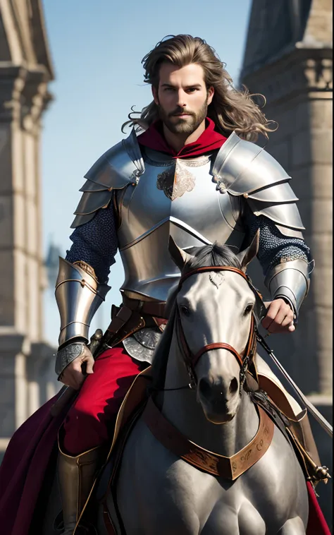 tmasterpiece，best qualtiy，The is very detailed，Original design，Unique accessories，medieval fantasy，professionally retouched，closeup cleavage，（male people：1.9），（Portrait of a noble male knight），Dignified，At noon，Sword and shield，Heavy armor，（sbeard：1.3），mou...