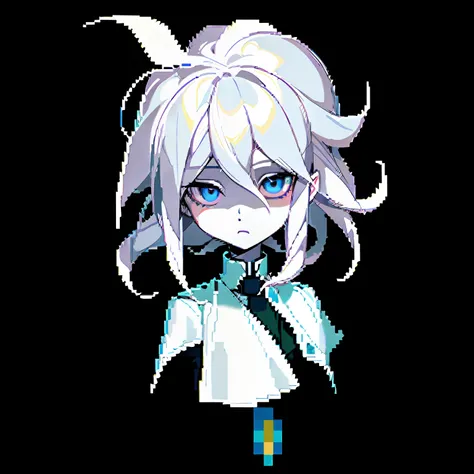 Blue eyes and black background, visual novel sprite, 2 d sprites, neferpitou, full body sprite, made in rpg maker, nagito komaeda, silver eyes full body, /r/Artistically, sprite 2 d, pixel art sprite, nyaruko-san, Silver hair girl, pale young ghost girl