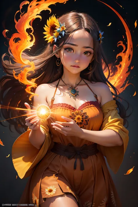 uma pintura de um girasol colorido em um fundo preto, , breathtaking rendering, inside a radiant connection, inspirada em Kinuko Y. Craft,, Magical Elements, sunflower icon, uau, its beautiful, casting a multi fire spell with a phoenix, bright flash, glare