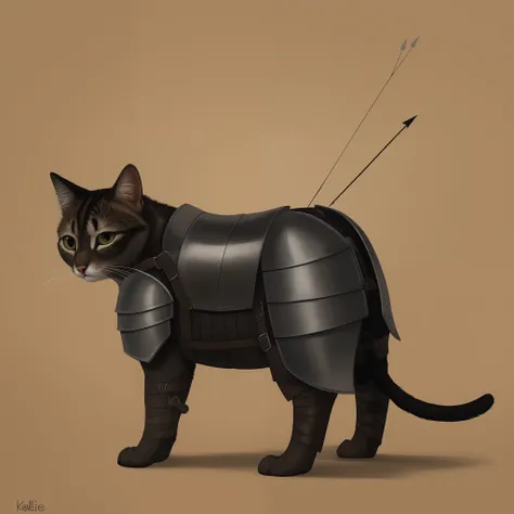 kallie, feral cat, standing upright, on hind legs, anthropomorphic features, wearing black leather rogue armor, arrow quiver on back,