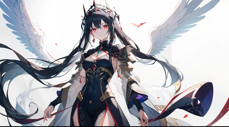 "Generate an image portraying Viona true form with black hair and sharp red eyes, concealed beneath a thick armor of radiant light, adorned with majestic wings. Depict her standing regally, her visage obscured by the brilliance of her divine attire. Convey...