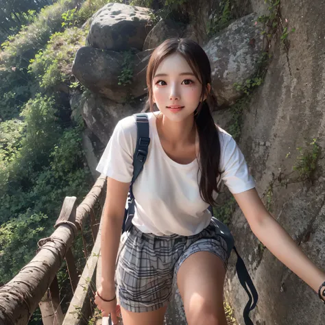 Naturescape photography; mountain climbing; (1girl:1.3), (slender body), (Wearing a white T-shirt loose, Wearing a gingham check shirt, Black nylon fabric shorts), (Bun hair), (dark-brown hair), (asian girl, 18 years old, ultra delicate face, ultra Beautif...