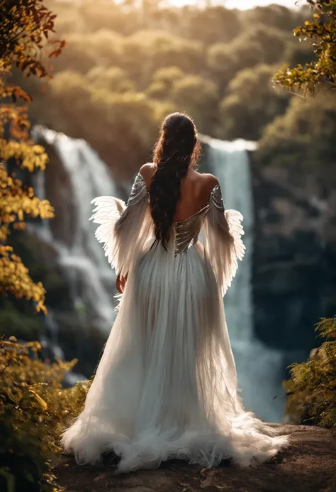 Uma menina bonita com cabelos encaracolados pretos, usando um vestido fechado, comprido e branco, standing in the middle of the waterfall and in a forest. She has a pair of white wings that spread behind her, refletindo a luz do sol. She smiles sheepishly ...