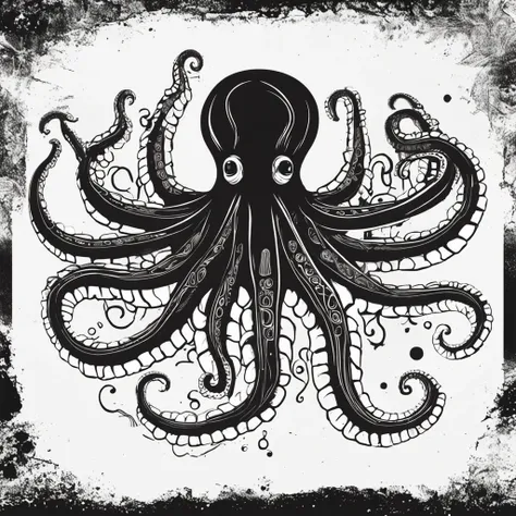 Create the design of an octopus with six tentacles using personal protective goggles, o desenho deve ser em preto e branco,  o fundo do desenho em branco, desenho para logo.