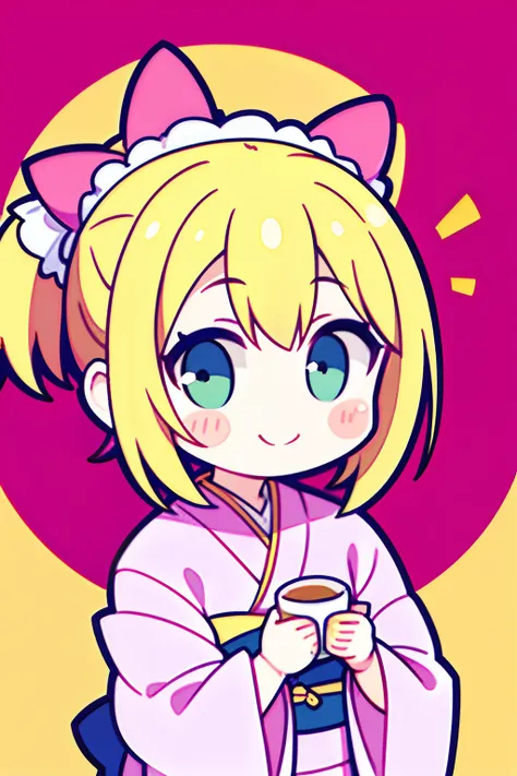 (Perfect picture quality:1.1),(masterpiece:1.1),(high quality:1.1),1 girl, SOLO,(wearing pink gorgeous kimono:1.3), yellow hair, double ponytails on both sides, indigo double bow headdress, looking at the camera, smiling and doing a heartbeat, drinking tea...