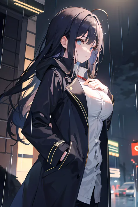 (1个Giant Breast Girl：1.2)，Night city，The rain is delicate，The coat flutters，Put your hands in your pockets