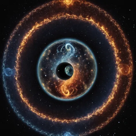 "In a colorful multiverse where reality bends to the whims of quantum mechanics, imagine a yin and yang totem filled with earth and water, fire and wind across parallel dimensions, where gravity changes, time loops, and the possibilities are endless."