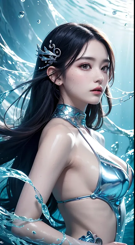 （tmasterpiece，top-quality，optimum，offcial art，Beautiful and aesthetic，Long exposure：1.2），Smooth movement，Charming Patterns， 1 rapariga，Adult Russian woman，freckle，jade Eyes，Black lob hair，Lots of bubbles， sportrait，独奏，The upper part of the body，Look back a...